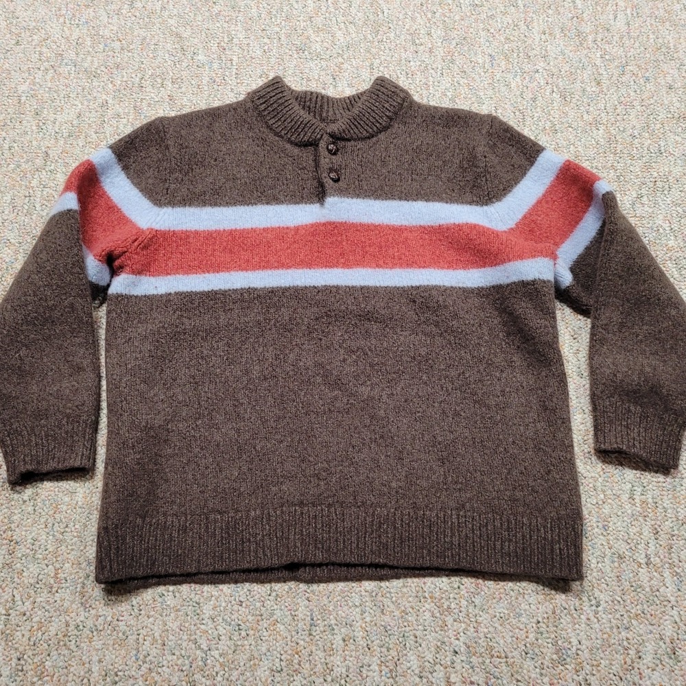 L.L. Bean Sweater Mens 2XL Brown Striped Lambswool‎ Mock Neck Button 526755